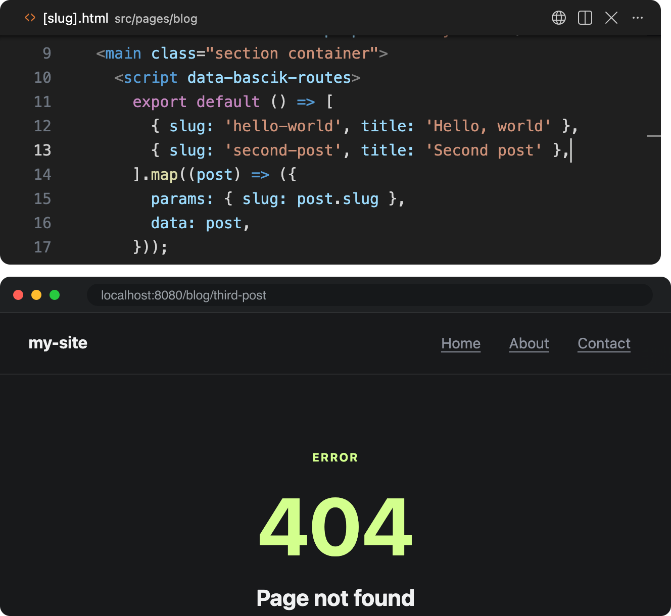 An editor above a browser. The editor shows src/pages/blog/[slug].html with a data-bascik-routes script listing hello-world and second-post. The browser at localhost:8080/blog/third-post shows the 404 Page not found page. The second-post line is duplicated and renamed to third-post with the title Third post, the file is saved, and the browser now shows the heading Third post