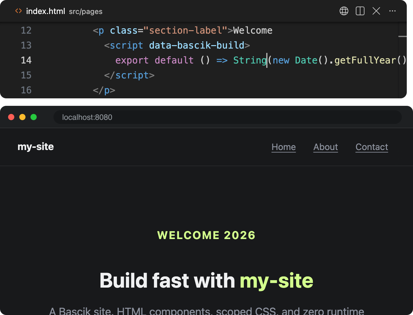 An editor above a browser. A typo in a build script, String changed to Strin, is saved and the browser shows a Bascik Build Error overlay naming the file and the ReferenceError. Restoring the letter and saving dismisses the overlay