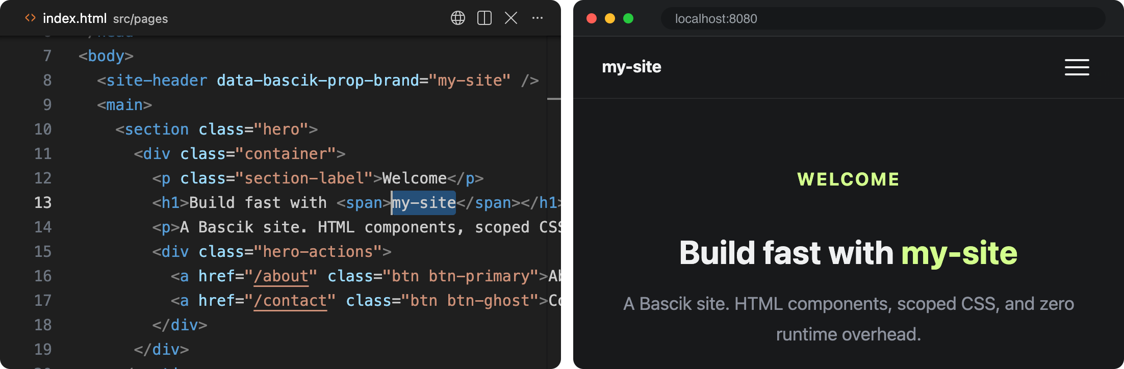 An editor beside a browser showing a new Bascik project. A heading is edited and saved, and the browser updates. A border color in a component is edited and saved, and every card on the page changes.