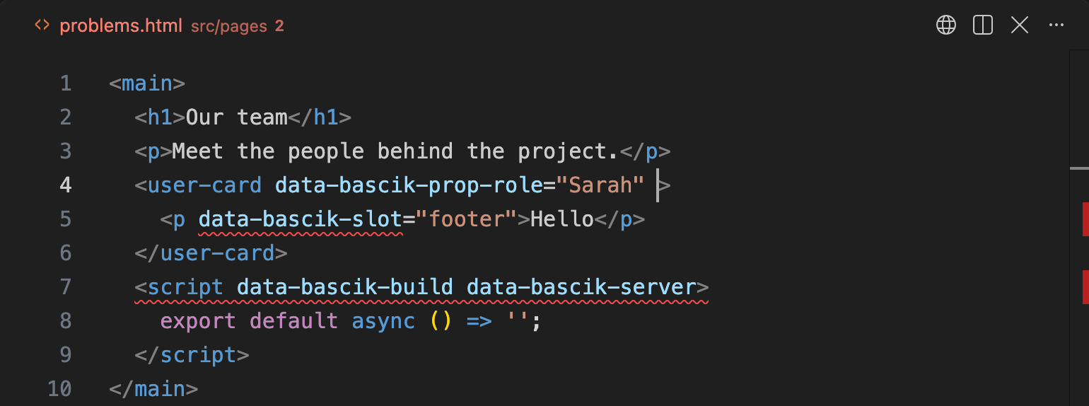 An editor with warnings and errors: an undeclared prop on user-card with its hover message, an unknown slot name, and a script with two conflicting directives